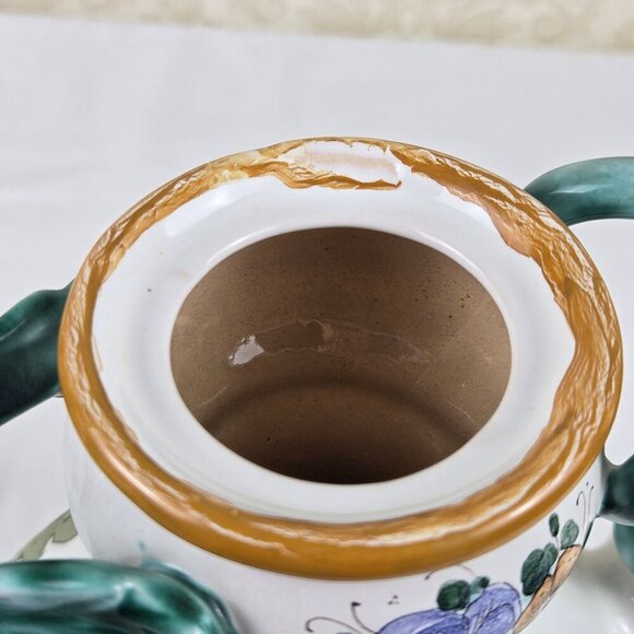 Vintage Hand Painted Footed Ceramic Water Pitcher Green White Floral Signed 1994 - Picture 16 of 16